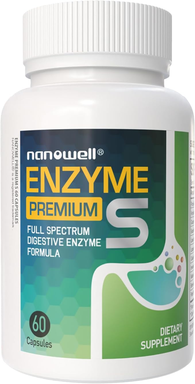 NANOWELL Enzyme Premium S - Digestive Health Multi-Enzyme Supplement with 10 Enzymes Including Bromelain and Papain - 60 Capsules 60-Day Supply