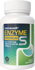 NANOWELL Enzyme Premium S - Digestive Health Multi-Enzyme Supplement with 10 Enzymes Including Bromelain and Papain - 60 Capsules 60-Day Supply