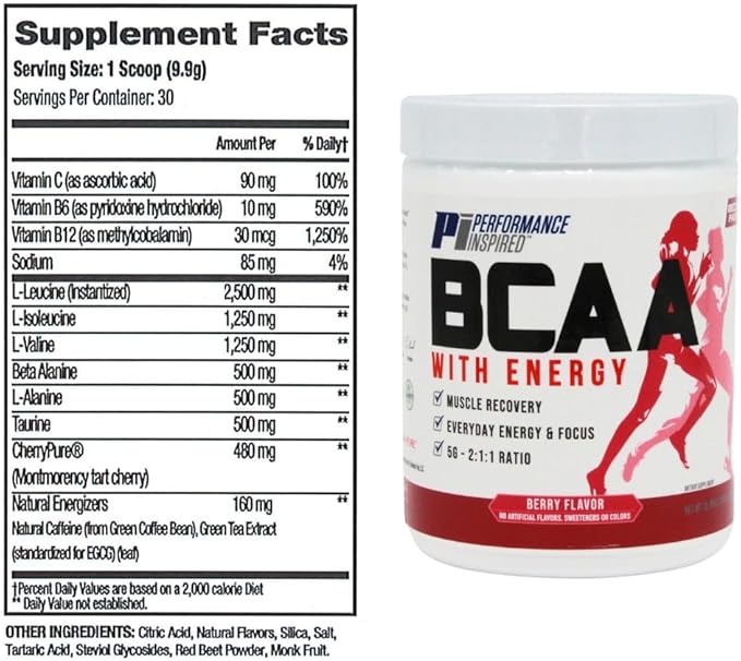 PERFORMANCE INSPIRED Nutrition BCAA with Energy – 5G BCAA 480mg CherryPURE 160mg Natural Caffeine – Supports Muscle Recovery &amp Endurance – Berry Flavor