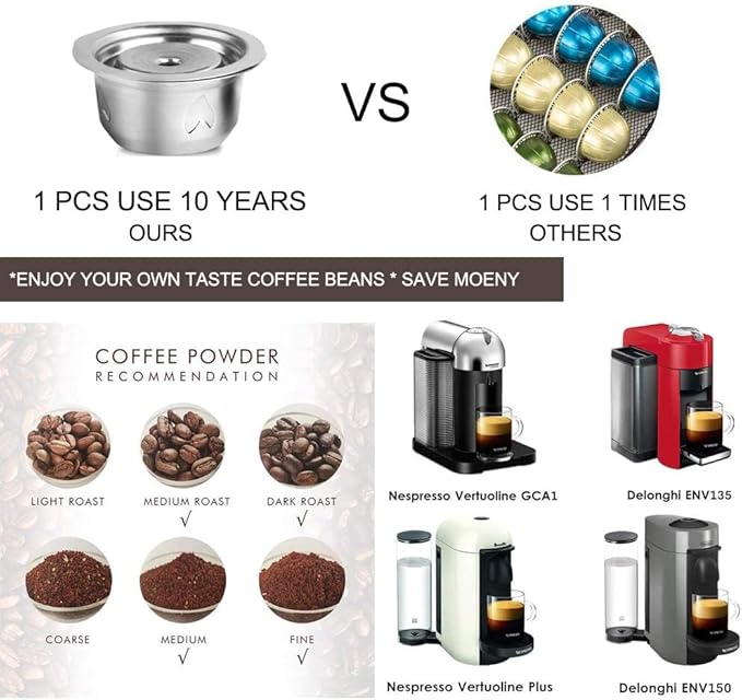 Stainless Steel Metal Coffee Capsule Compatible with Nespresso Vertuoline Pod Holderfit for Vertuolline GCA1 ENV135 (BIG CUP 8OZ with Tamper)