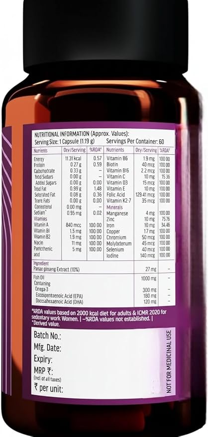 Omega 3 Fish Oil 1000mg Capsules with Multivitamin (60 Capsules) | Fish Oil EPA DHA with Ginseng &amp 21+ Ingredients for Energy Immunity