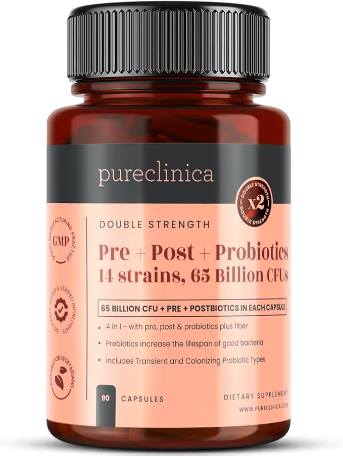 pureclinica 65 Billion CFU Probiotic Supplement x 90 Capsules – 14 Strains with Prebiotics &amp Postbiotics – 3 Month's Supply
