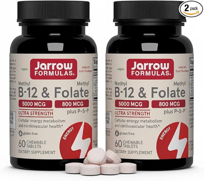 Jarrow Formulas Methyl B-12 &amp Methyl Folate Bioactive Vitamin B9 and Vitamin B12 Supplement Healthy Brain Function &amp Metabolism 60 Chewable Tablets 60 Servings (Pack of 2)