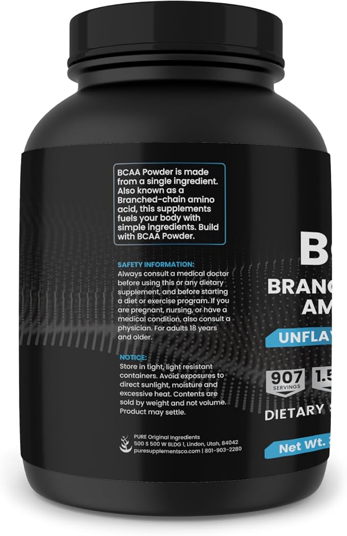 PURE ORIGINAL INGREDIENTS 2:1 BCAA Powder 3 lbs Branched-Chain Amino Acids Unflavored 907 Servings Always Pure No Additives or Fillers