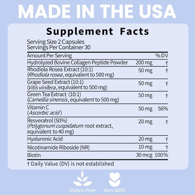 Potency Renew Anti Aging Blend Advanced NAD+ and stem Cell Booster Supplement Rhodiola Rosea Resveratrol Hyaluronic Acid Collagen Peptides NR Grape Seed and Green Tea Extract