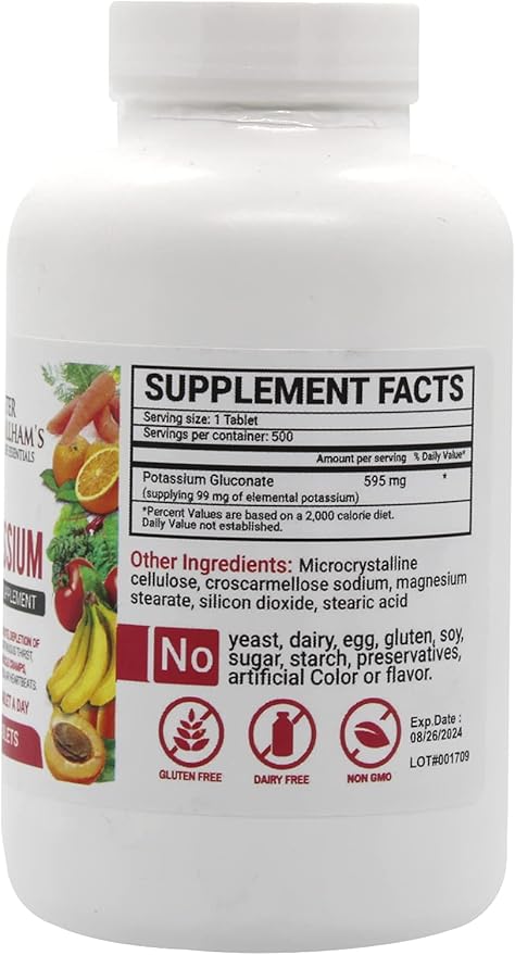 Peter Gillham’s Life Essentials Potassium Gluconate tablets 595mg 500 Tablets Support Electrolyte Balance Made in USA (Package May Vary)