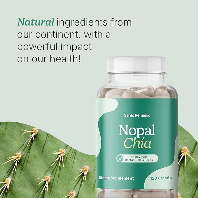 Santo Remedio Super Nopal Cactus Capsules with Chia – Prickly Pear Supplement Gluten Free Non-GMO No Added Sugar 120 Capsules (60 Servings) – Wellness Support Gift for Family