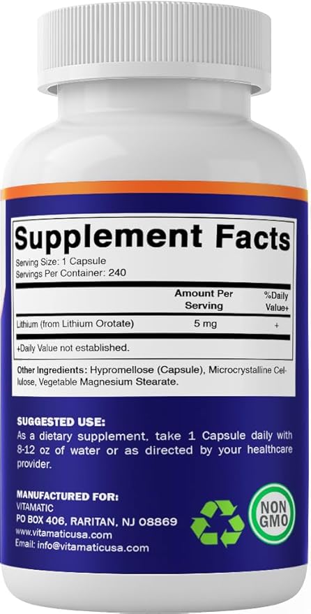 Vitamatic Lithium Orotate 5mg 240 Veggie Capsules Non-GMO Gluten Free. - 4 Pack