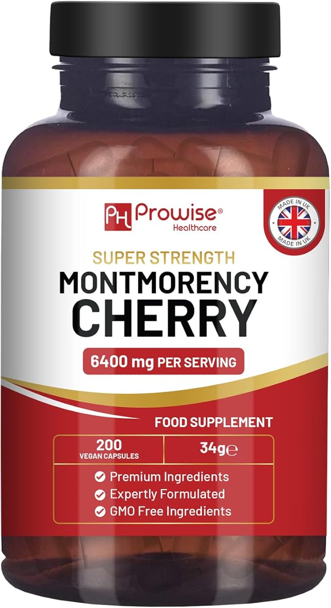 Montmorency Cherry 6400mg - 200 Tart Cherry Capsules - Natural Tart Cherry Extract Supplement for Men &amp Women – Super Strength Gluten Free Vegan and GMO Free - Made in The UK by Prowise