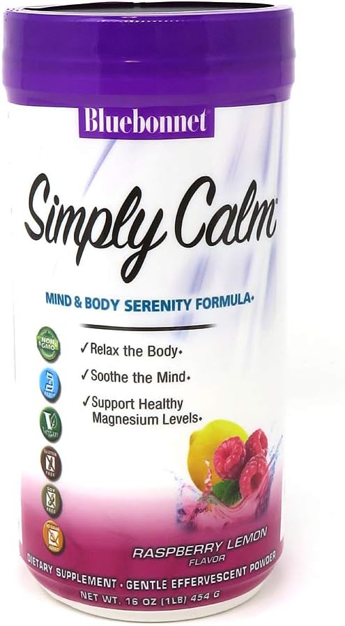 Bluebonnet Nutrition Simply Calm Powder for Calm* Muscle Cramps* Stress Relief* Soy-Free Gluten-Free Non-GMO Kosher Certified Dairy-Free Vegan 16 oz 82 Servings Raspberry Lemon Flavor