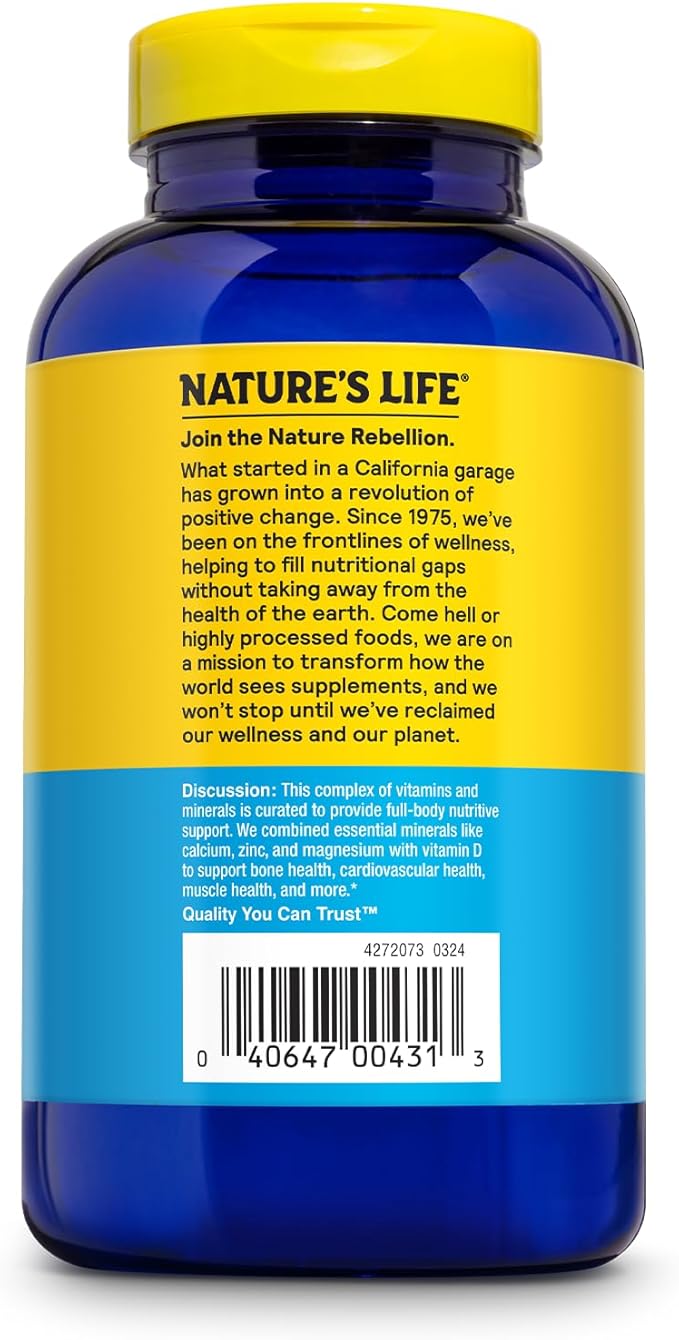 Nature's Life Cal Mag Zinc Complex - Calcium Magnesium &amp Zinc D3 Supplement 800 mcg per Serving Trace Mineral Support for Bones and Teeth Vitamin Formula for Men and Women - 250 Count Tablets