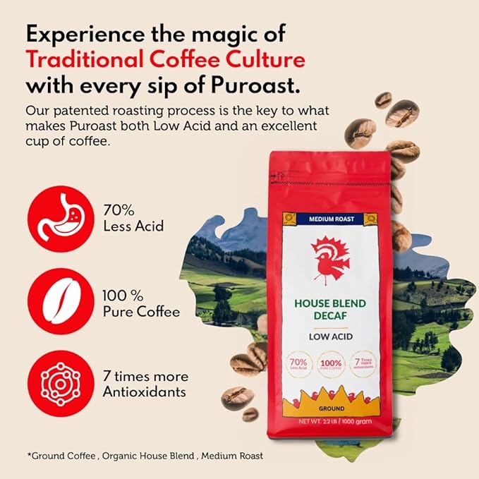 Puroast Low Acid Coffee Decaf | Decaf House Blend Ground | Medium Roast | High Antioxidants &amp High pH |No Bitter Aftertaste | Reduced Heartburn &amp GERD | Suitable for Cold Brew - 2.2 LB