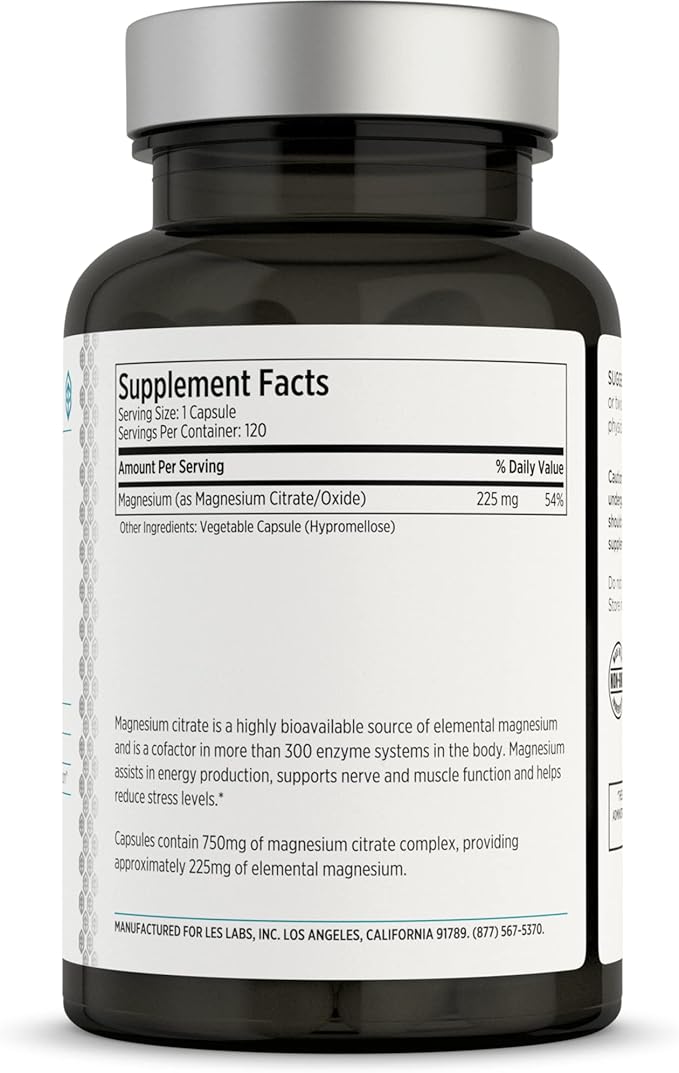 LES Labs Magnesium Citrate – Stress Relief Restful Sleep Heart Health Metabolism Nerve &amp Muscle Function – Non-GMO Supplement – 120 Capsules