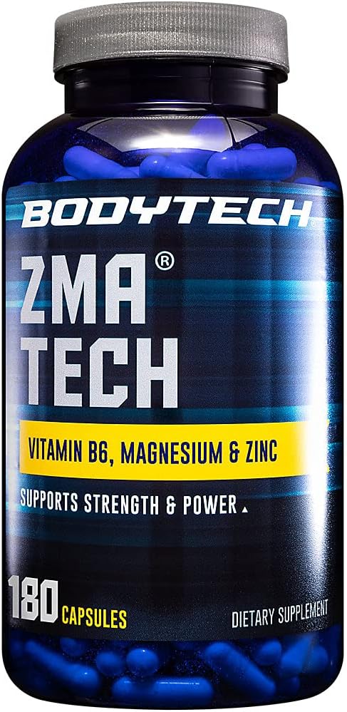 BodyTech ZMA Tech Supplement Zinc Magnesium and Vitamin B6 Formula for Men and Women Supports Muscle Recovery Sleep Quality and Immune Support Gluten Free 180 Capsules