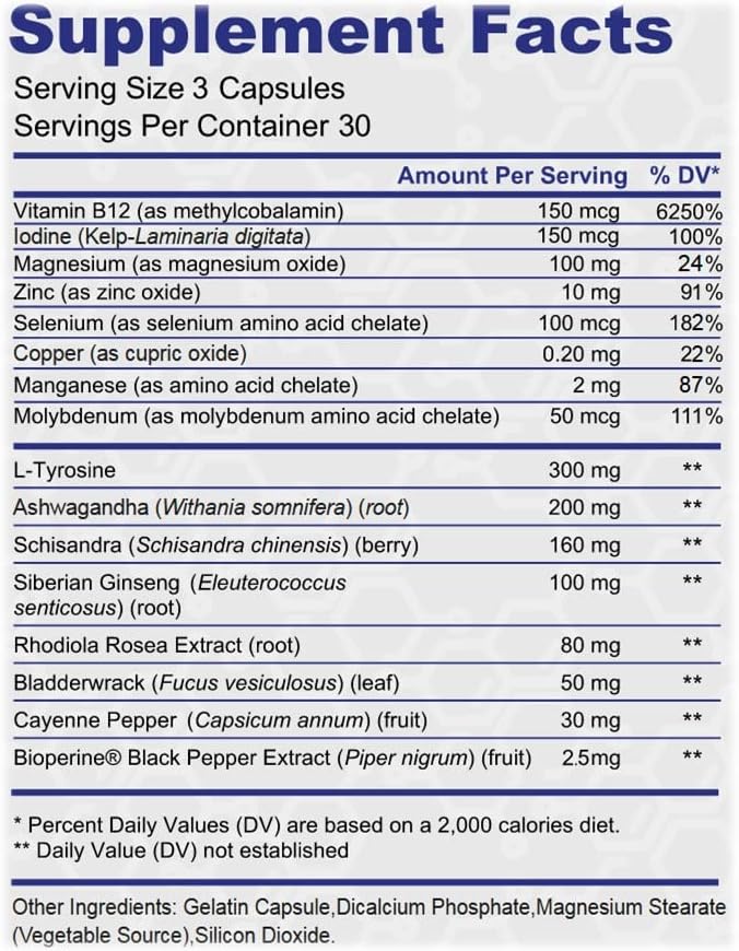 Thyroid Support - Ltyrosine Iodine Vitamin B12 Complex Zinc Selenium Ashwagandha Copper &amp More 30 Day Supply
