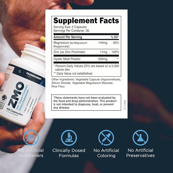 Transparent Labs ZMO - Muscle Builder for Men &amp Women with Zinc Magnesium Glycinate &amp Oyster Powder for Muscle Recovery - 60 Count