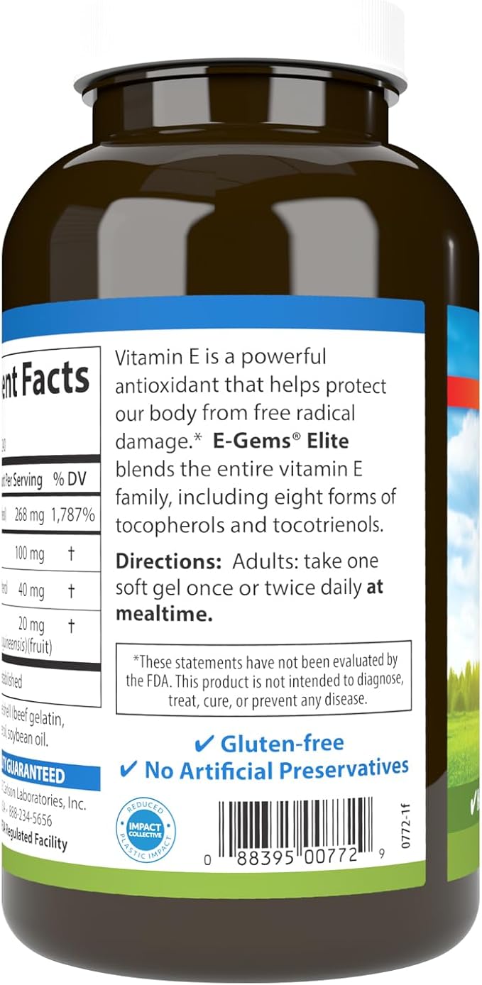 Carlson - E-Gems Elite 400 IU Vitamin E with Tocopherols &amp Tocotrienols Vitamin E Capsules Heart Health &amp Optimal Wellness Antioxidant Vitamin E Supplement 240 Softgels