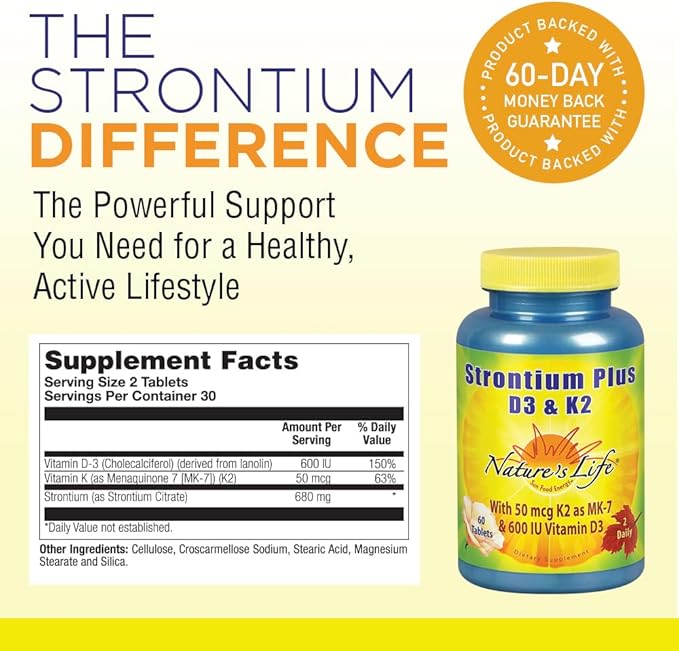 Nature's Life Strontium Plus D3 &amp K2 Supplement - Healthy Bone Support for Women &amp Men Stronium Citrate Trace Mineral Nutritional Support for Adults Vegetarian &amp Bioavailable - 60 Table