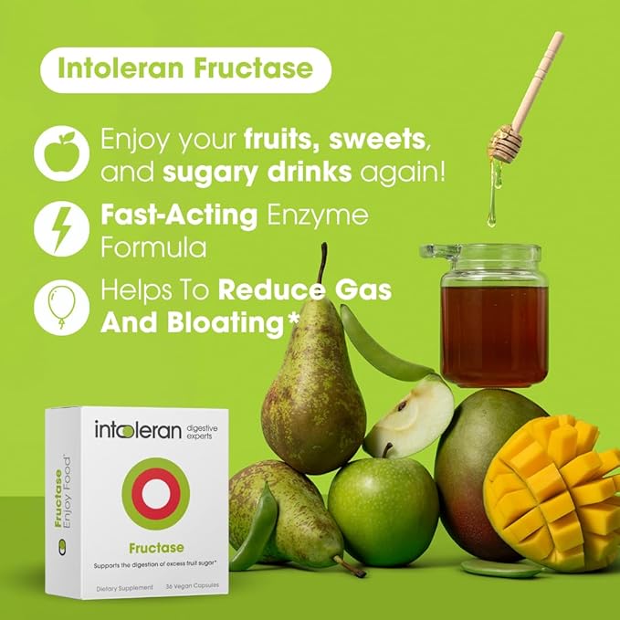 Intoleran Fructase Digestive Enzymes - 36 Capsules | Supplement for Fructose Intolerance | Enzymes to Help Digest Sugary Foods &amp Drinks (Fruit Sugar) | Fast Acting | Pure and Vegan | Low FODMAP