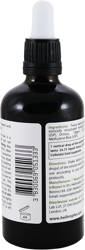 Methylene Blue &amp Ormus &amp Gold 3.4 Fl Oz - 100 ml | Ultra High Purity | with 10 ppm Colloidal Gold 24K | Glass Bottle | Third-Party Tested | Heiltropfen®