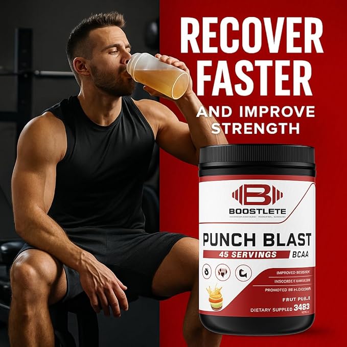 Punch Blast BCAA Powder – Fruit Punch Flavor – Intra Workout Amino Acids with Glutamine &amp Vitamin B6 – 45 Servings – Muscle Recovery &amp Strength Support Supplement