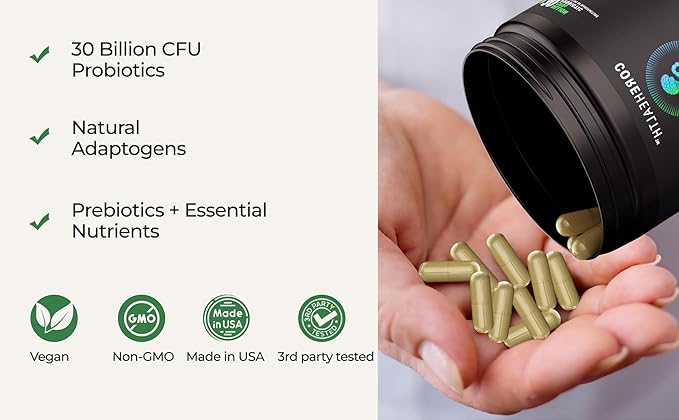 Gut-Brain Synergy Probiotic &amp Nootropic – 30Billion CFU Psychobiotic + Prebiotic with Ashwagandha L-Theanine &amp Zinc for Gut Health Mood Support Stress Relief Bloating Relief &amp Brain Fo