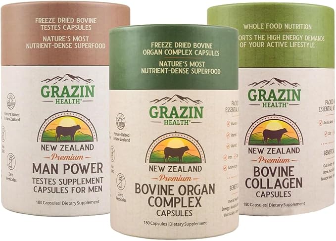 Men’s Vitality Bundle | Whole-Food Organ Complex + Man Power Capsules + Grass-Fed Collagen | New Zealand Sourced Hydrolyzed Collagen &amp Bovine Organ Supplements for Daily Wellness