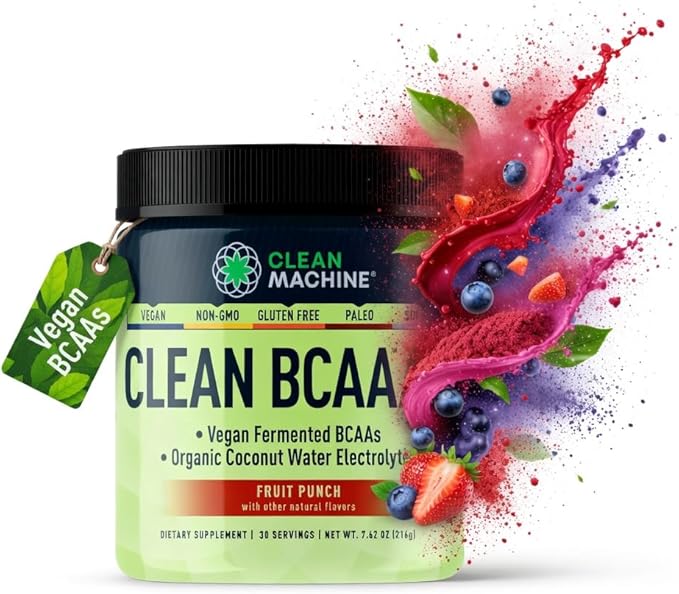 Clean BCAA - 2:1:1 Food Sourced BCAAs Powder &amp Coconut Water Electrolytes Recovery &amp Amino Energy Supplement - Award Winning Vegan Amino Acid Supplement - 30 Servings (30 Fruit Punch)