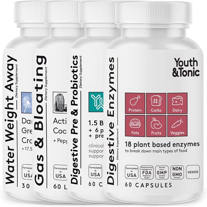 Youth &amp Tonic Bloating Relief with Pre &amp Probiotics from Water Retention Gas or Food Digestion with Water Pills Liquid Activated Charcoal and Digestive Enzymes Bundle Pack