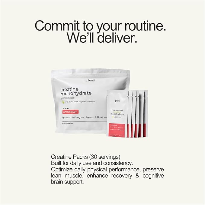 plenti Watermelon Creatine Monohydrate Powder – 30 Individual Sachets – 5g per Serving – Sugar Free