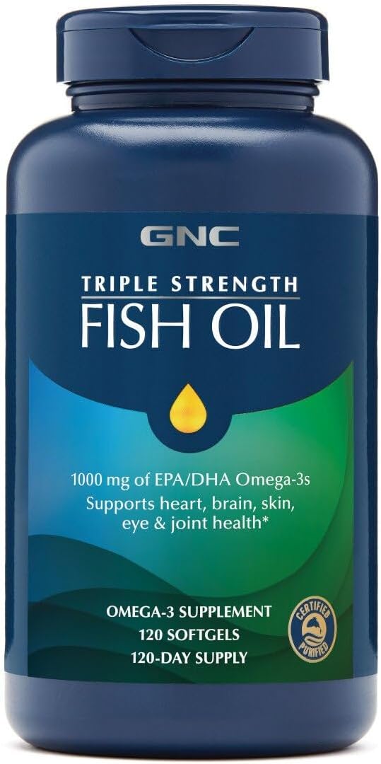 GNC Triple Strength Fish Oil Omega 3 Supplement 1000mg EPA and DHA Supports Heart Brain Skin Eye and Joint Health Burpless Ultra Concentrated High Potency Wild Caught 120 Softgels