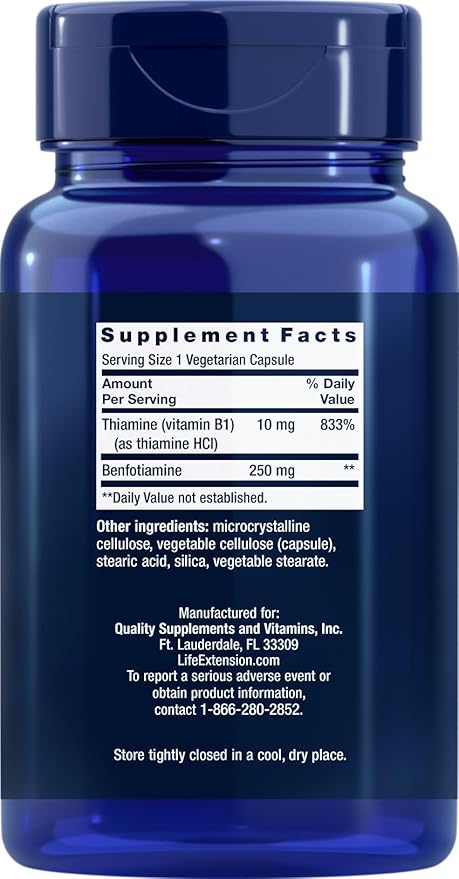 Life Extension Mega Benfotiamine 250 mg 180 Capsules (Pack of 2) Vegetarian Vitamin B Supplement with Thiamine