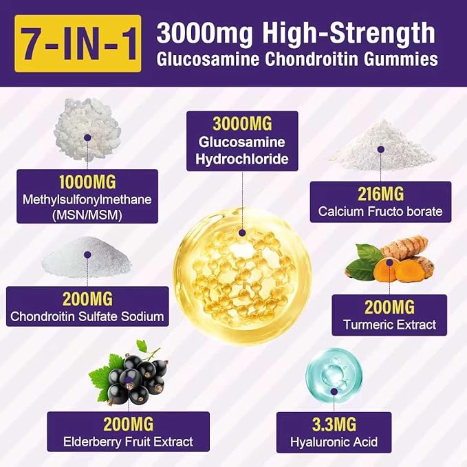 2 Packs 3000MG Glucosamine Chondroitin Gummies with MSM &amp Elderberry Extra Strength - Joint Support Antioxidant Immune Support Supplement for Adults Men &amp Women - 120 Blueberry Gummies