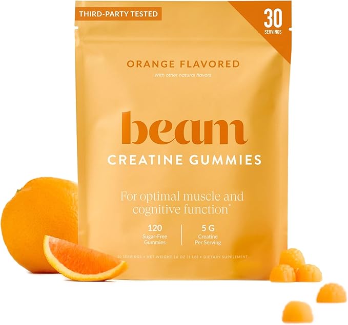 Beam Creatine Gummies – Creatine Monohydrate Gummies with 5g Creatine Sugar Free Muscle Strength &amp Workout Recovery Support Creatine Gummies for Women and Men Orange Flavor Vegan 30 Servings