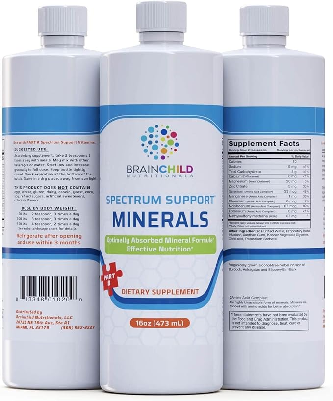BrainChild Nutritionals Spectrum Support Minerals Liquid Supplement for Autism - Well Absorbed for Kids &amp Adults on the Spectrum Ultra-Colloidal Suspension Casein-Free Unflavored 16oz