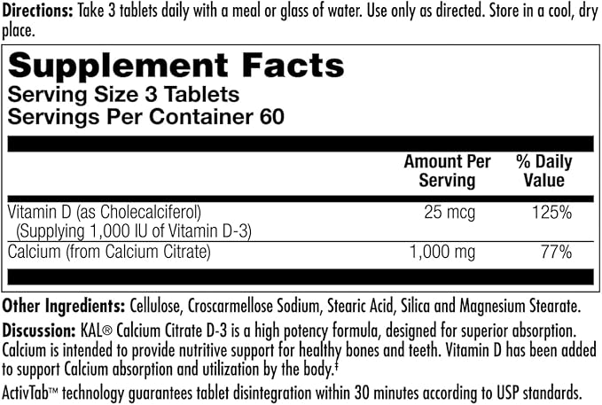 KAL Calcium Citrate Supplement with Vitamin D3 - 1000 IU Vitamin D3 Healthy Bone &amp Muscle Function Support for Men and Women Quick Dissolving Tablets - 180 Count Tablets