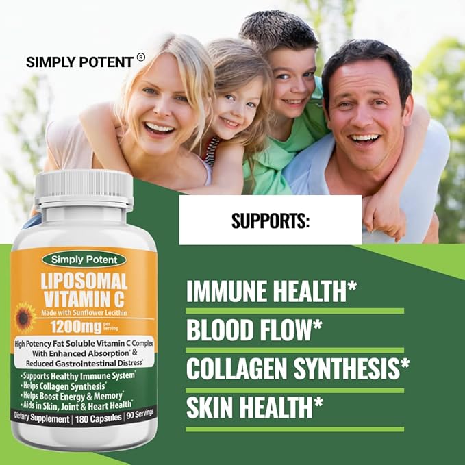 Simply Potent Liposomal Vitamin C 1200mg — 180 Capsules (90 Servings) | High Absorption Fat Soluble VIT C | Sunflower Lecithin | Immune Support Collagen &amp Antioxidant | Non-GMO Vegan | Made in U