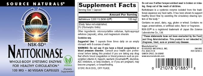 Source Naturals NSK-SD Nattokinase Systemic Enzyme for Healthy Circulation* 100mg - 60 Vegan Capsules