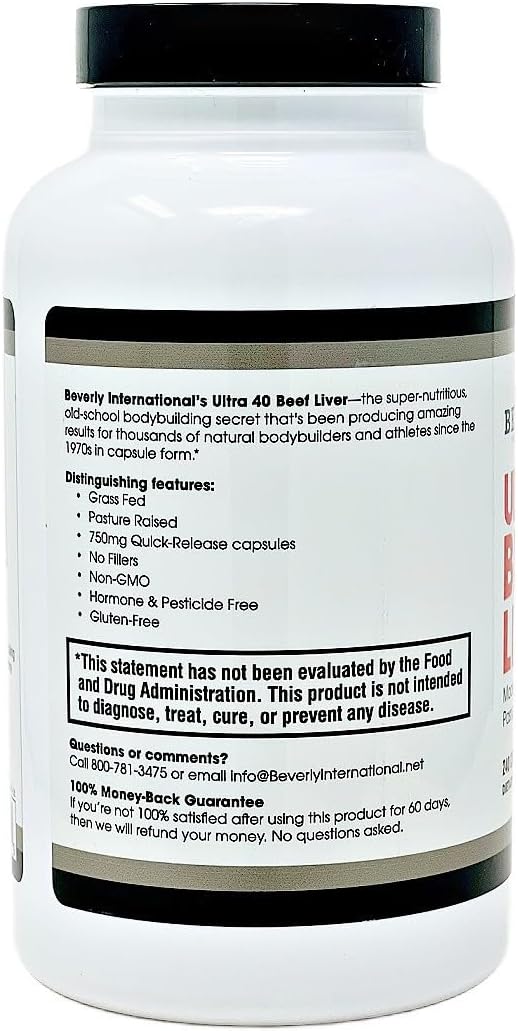 Beverly International Ultra 40 Beef Liver 240 Capsules 100% Pure Grass-Fed. Promotes Strength Endurance Immune Support and Overall Wellness