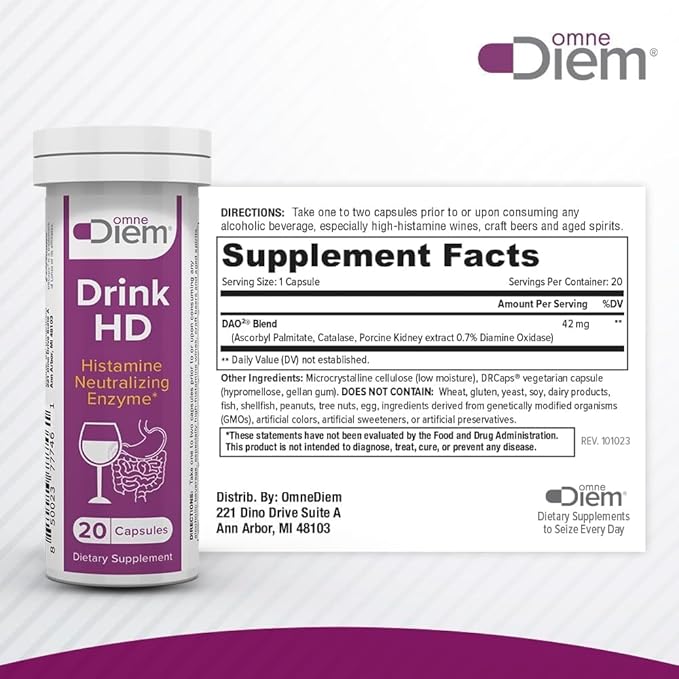 Omne Diem DrinkHD – DAO Enzyme with Diamine Oxidase (60 Count) - 3 Pack of 20 Count