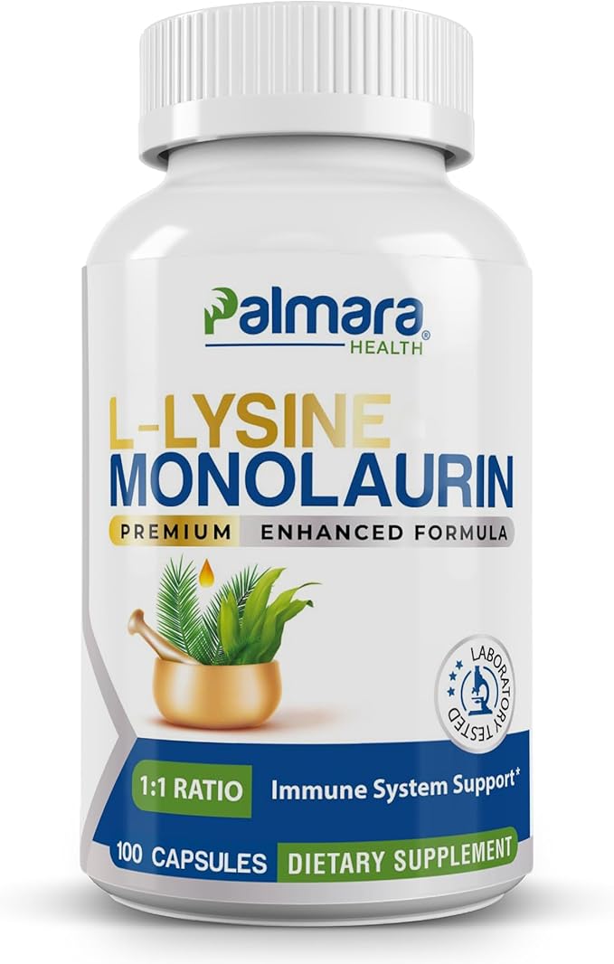 Palmara Health L-Lysine with Monolaurin 600mg 1:1 Ratio 1 Pack 100 Capsules