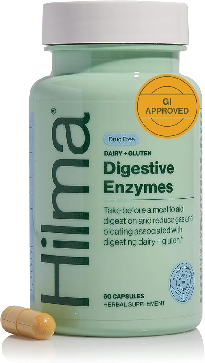 Hilma Digestive Enzymes for Women Bloating Relief with Turmeric Dandelion Root and Gluten Digestive Enzymes Natural Gluten and Dairy Relief Pills 60 Vegan Capsules