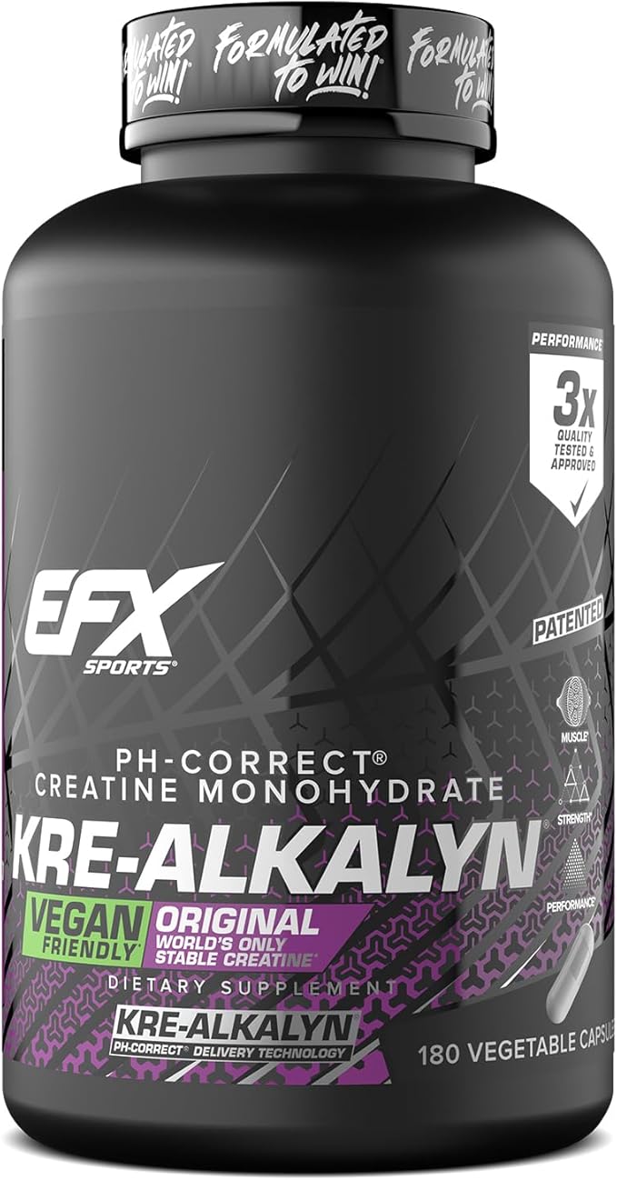 EFX Sports Kre-Alkalyn EFX | pH Correct Creatine Monohydrate Pill Supplement | Vegan Friendly | Strength &amp Muscle Growth | 90 Servings 180 Veggie Capsules