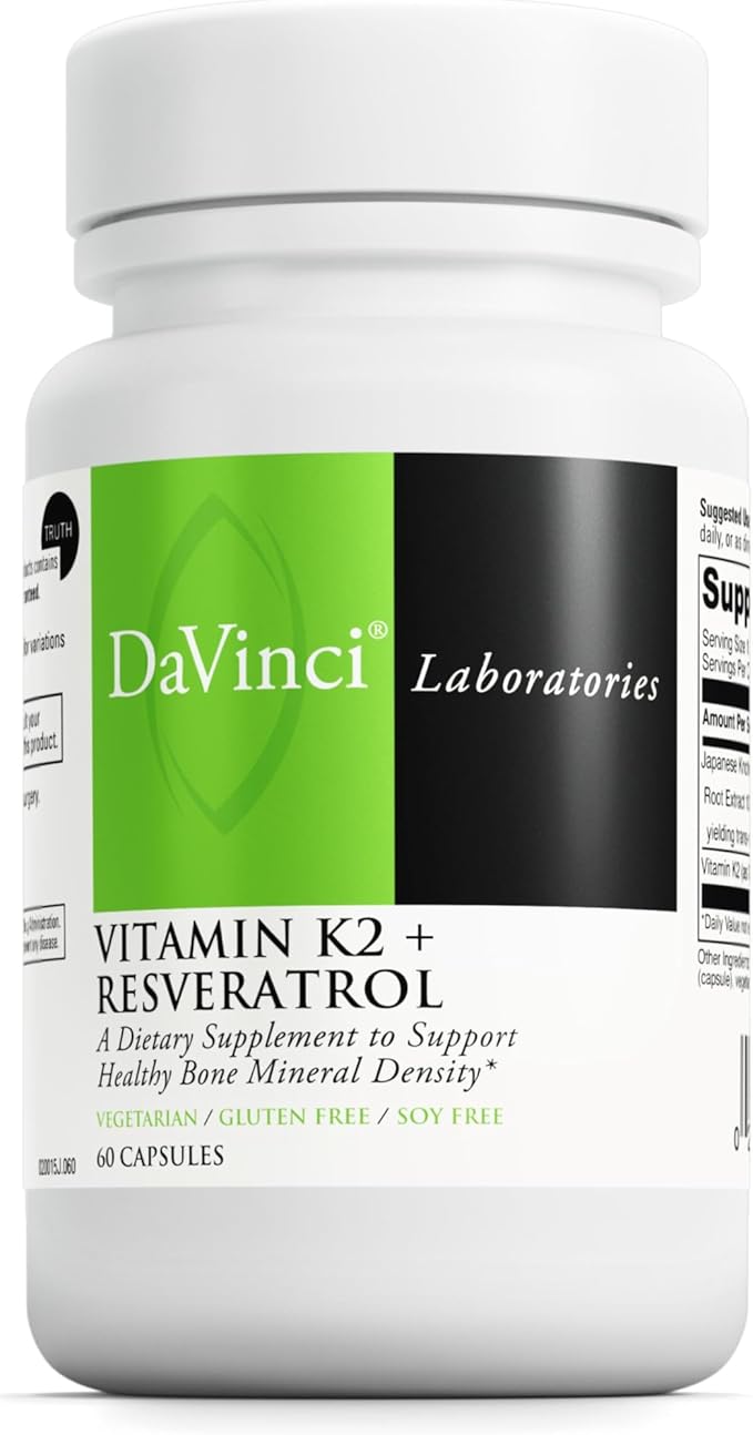 Davinci Labs Vitamin K2 &amp Resveratrol - Bone Health &amp Cardiovascular Supplement with Antioxidant Support* - Vegetarian Gluten-Free &amp Soy-Free - 60 Capsules