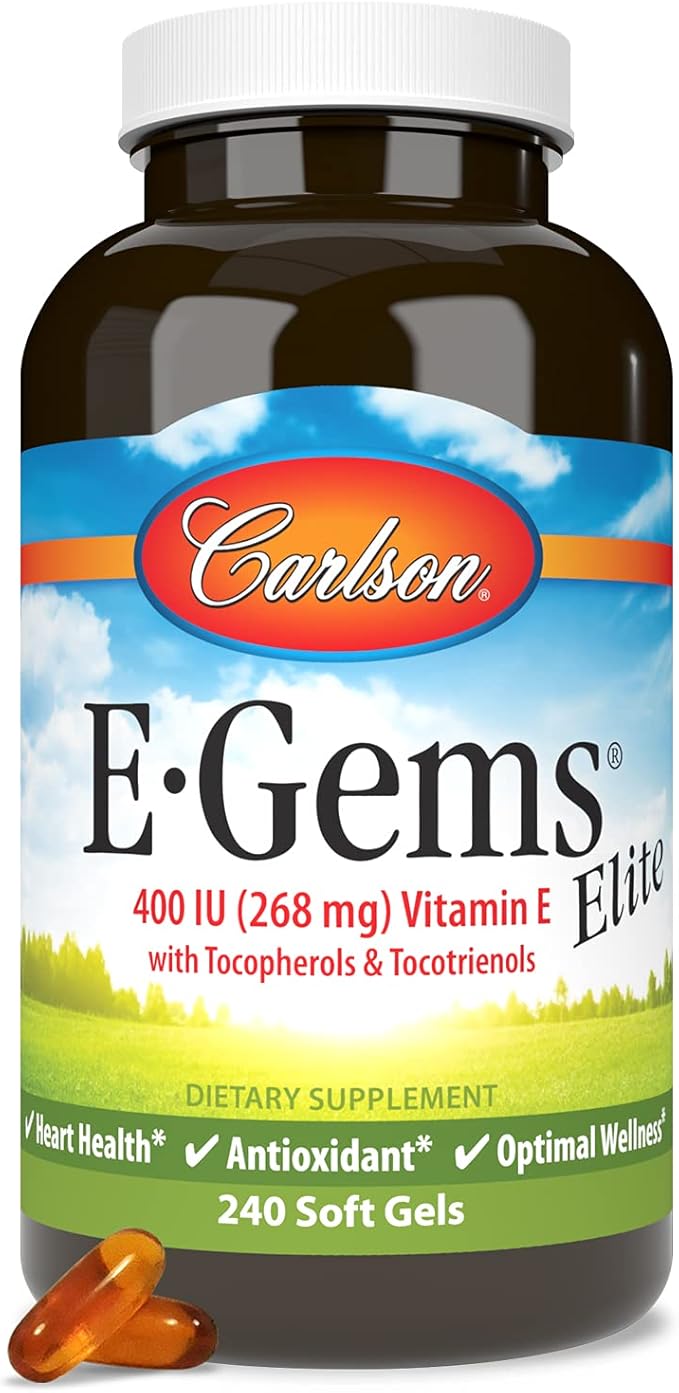 Carlson - E-Gems Elite 400 IU Vitamin E with Tocopherols &amp Tocotrienols Vitamin E Capsules Heart Health &amp Optimal Wellness Antioxidant Vitamin E Supplement 240 Softgels