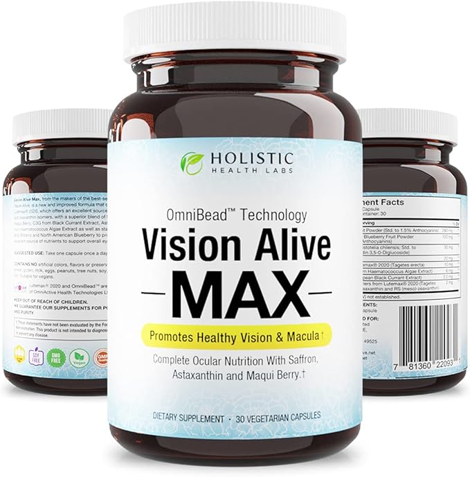 Holistic Health Labs Vision Alive Max with 8 Natural Ingredients Lutemax® 2020 Bilberries Blueberries c3g from Black Currant Maqui Berry Saffron and Astaxanthin (30 Count (Pack of 1))