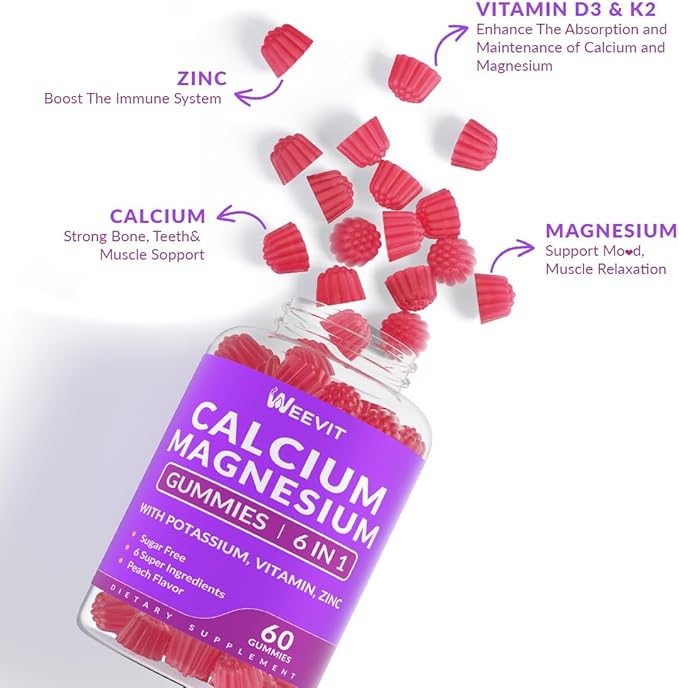 Sugar Free Calcium Gummies w/Vitamin D3 K2 Calcium Magnesium Zinc Gummies for Bone Muscle &amp Immune Algae CA Magnesium 2:1 Ratio Calcium Supplement for Women &amp Men - Vegan