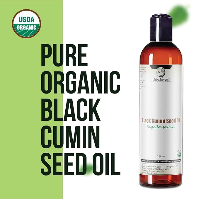 uh*Roh*Muh Premium USDA Organic Black Cumin Seed Oil – Cold-Pressed Nigella Sativa – 3% Thymoquinone (TQ Level) - 100% Pure Black Seed Cumin Oil for Skin Hair and Immune Support (16 Fl Oz)