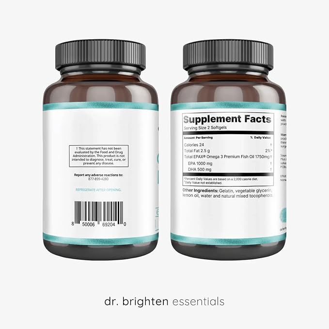 Dr. Brighten Omega Plus — 1500 mg of EPA/DHA Non-GMO Fish Oil Supplement for Heart Brain and Immune System — 60 Softgels