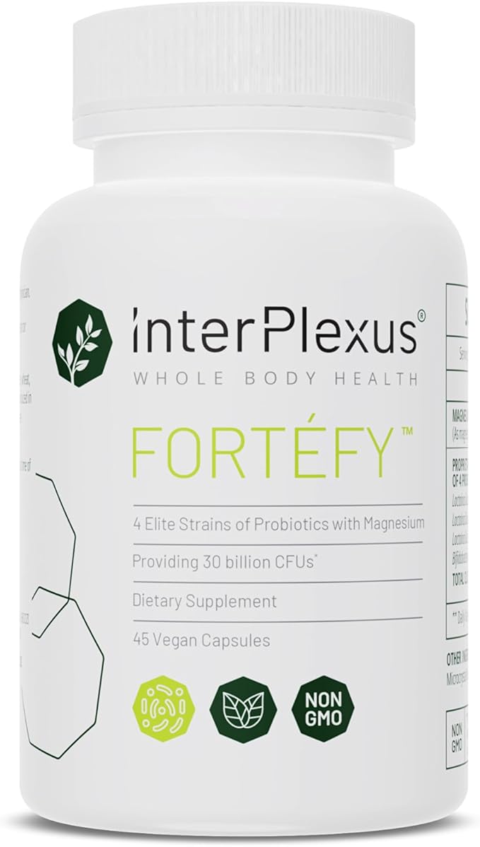 InterPlexus Fortéfy - 4 Elite Strains of Probiotics Providing 30 Billion CFU per Capsule with Magnesium - Gluten Free Dairy Free Soy Free - 45 Capsules (45 Servings)